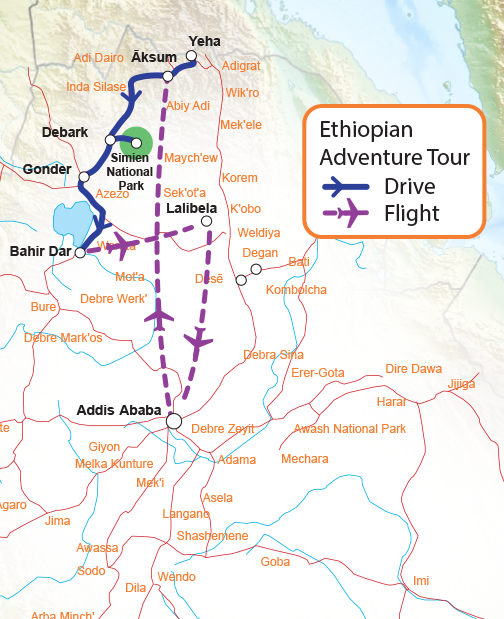 Ethiopia Map Tour North of Addis Ababa into Axum, Lalibela, Bandar Dir